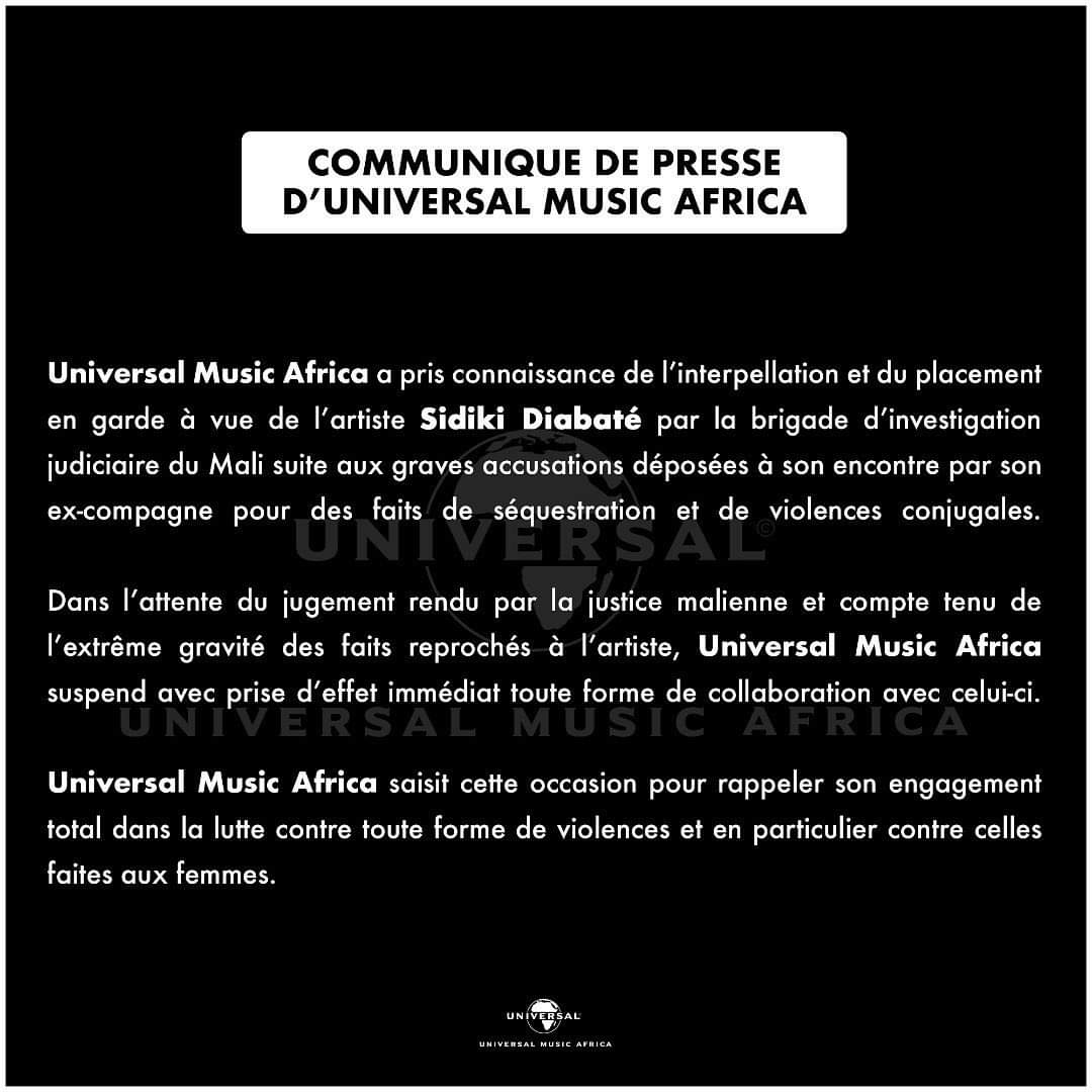 Communiqué de Universal Music Africa sur Sidiki Diabaté